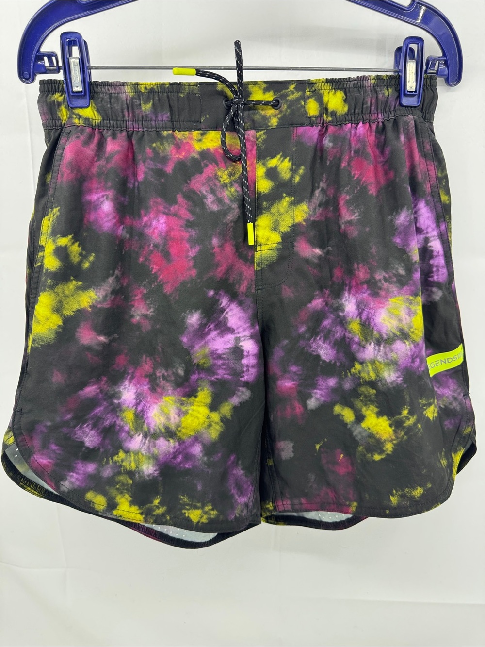 Legends Mens Luka Tie-Dye Athletic Shorts, Black w/ Neon Yellow & Purple, sz S